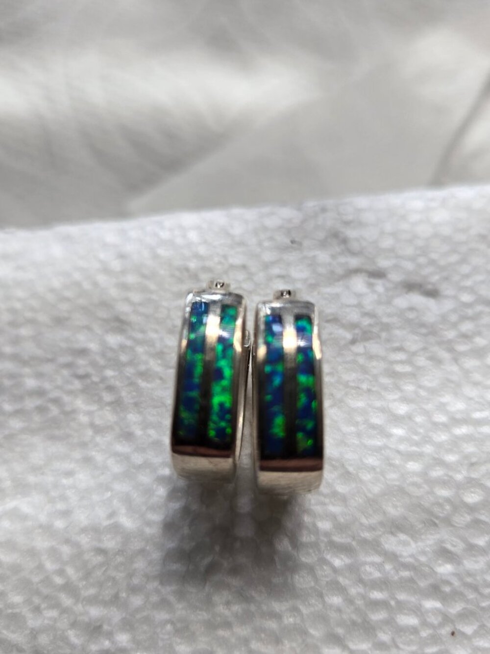 Southwest Marked Sterling Silver Inlaid Opal Contemporary Earrings